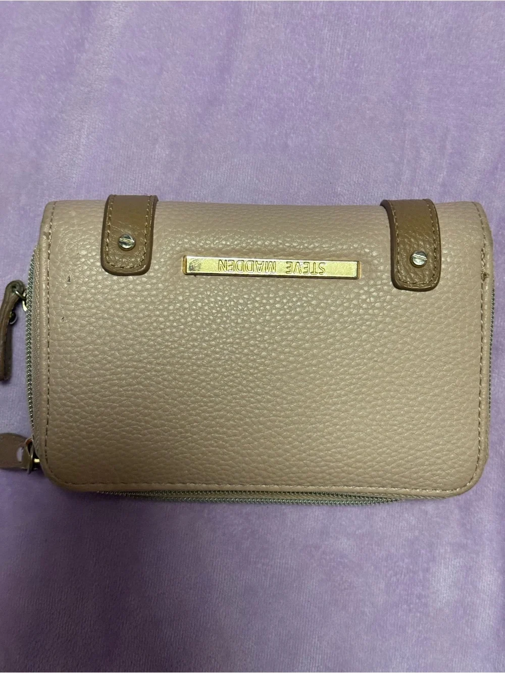 Steve Madden Beige Taupe Double Zip Around Wallet Gold Hardware
